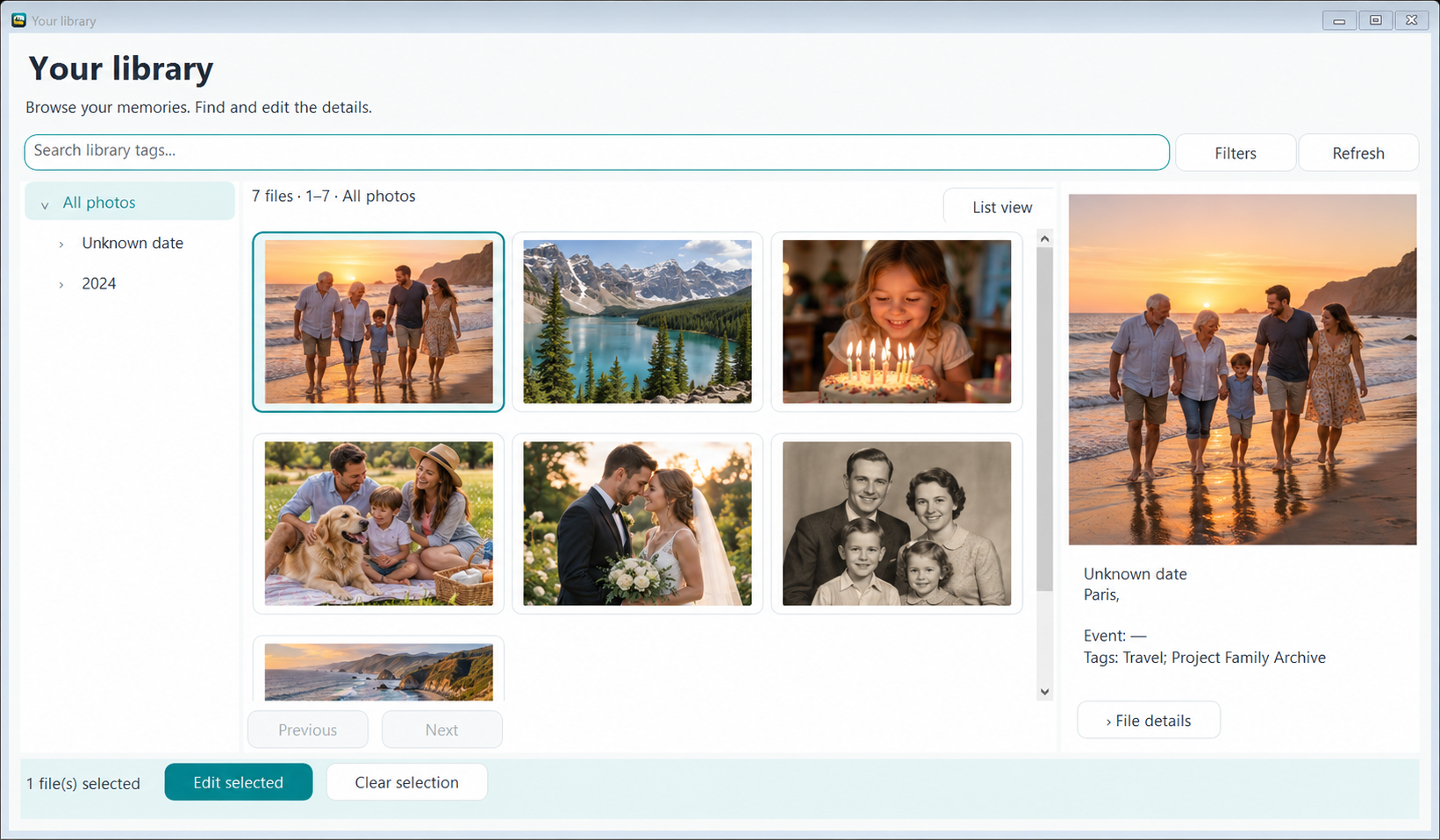 Illustrative Library demo with generated family, travel and celebration photos