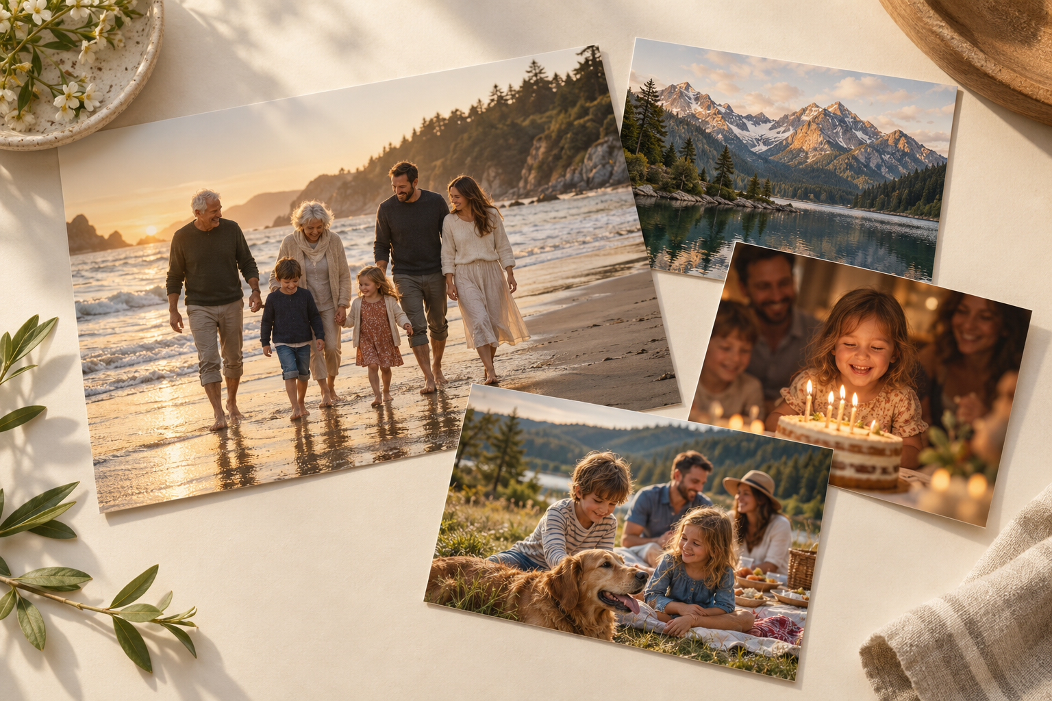 Illustrative photo prints of family time at the beach, a birthday, a mountain lake and a picnic